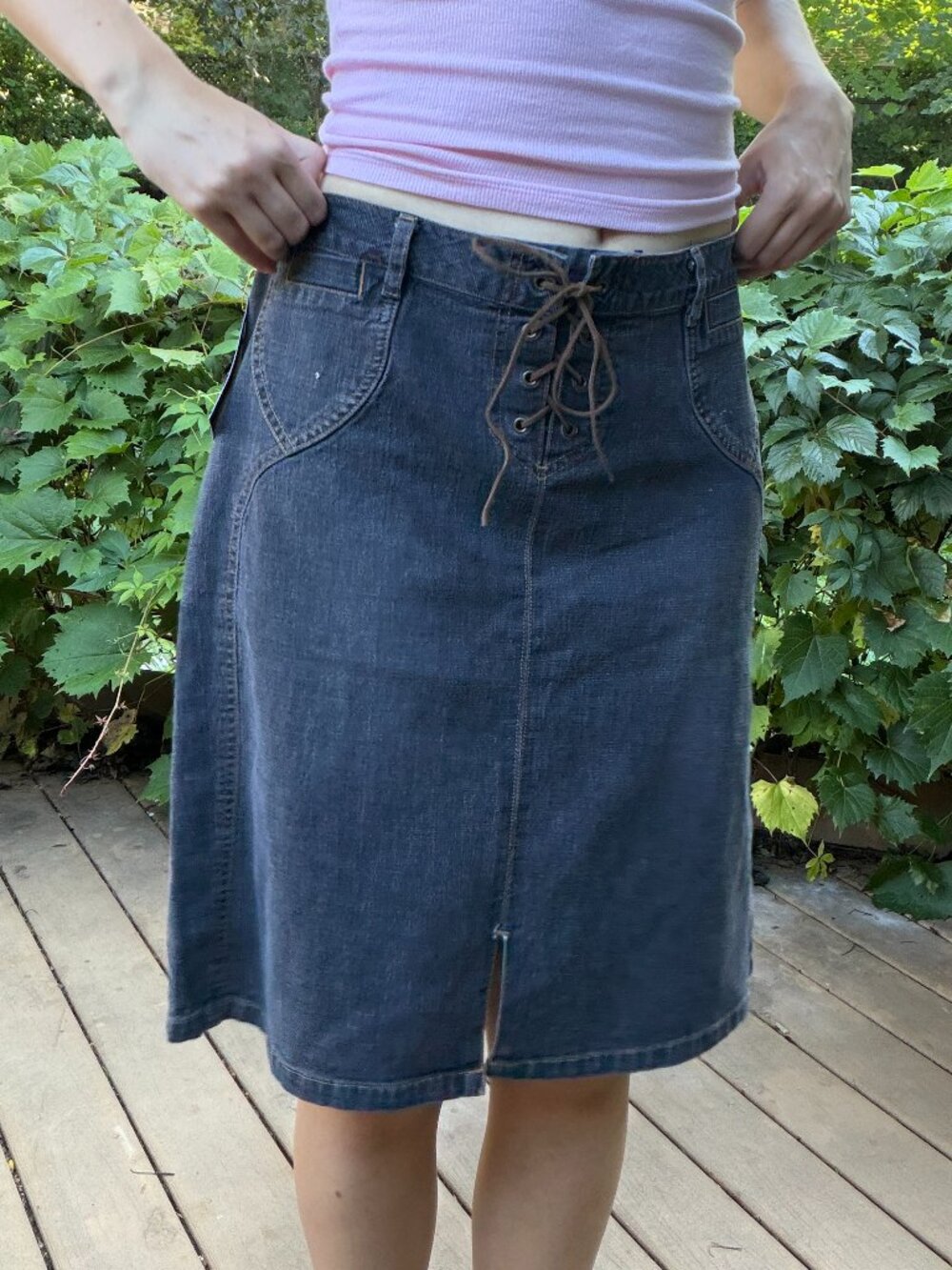 Vintage Garage front tie waist stretch denim midi skirt